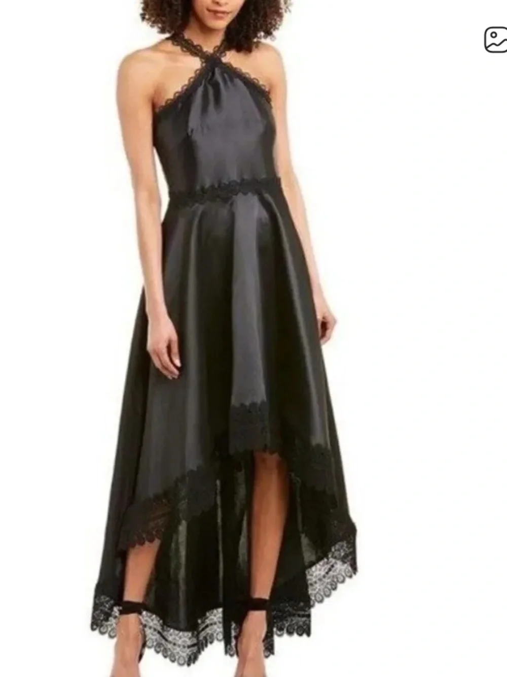 Monique Lhuillier ML Evening Hi-Low Black Mikado Gown halter lace - Picture 2 of 10